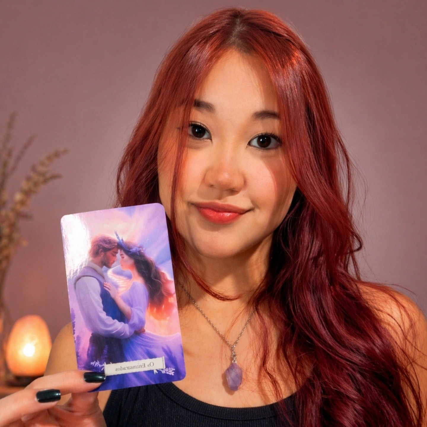 Foto da profissional da Yukari Terapias segurando uma carta de Tarot